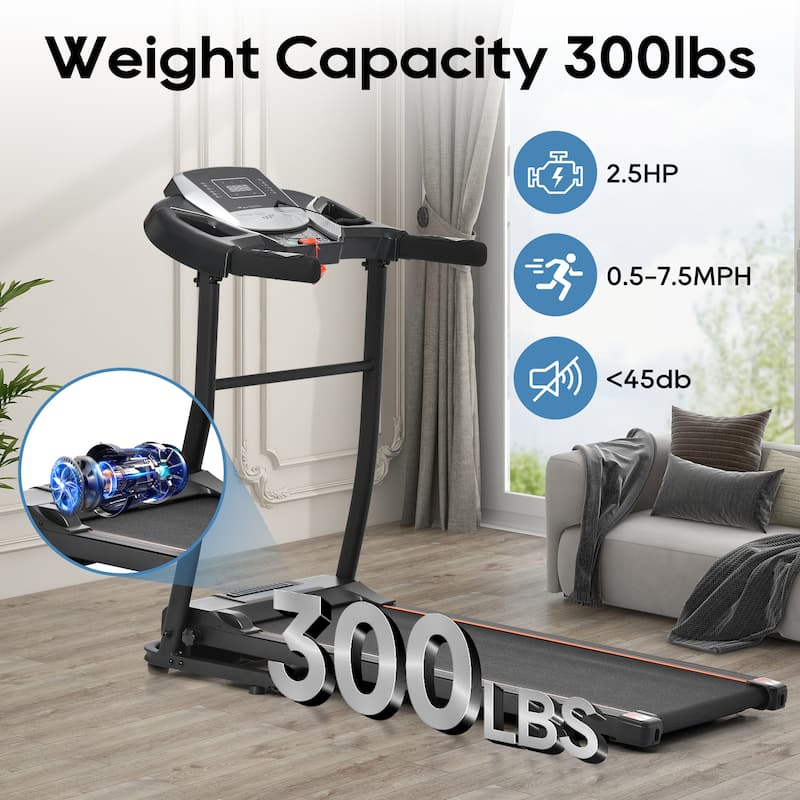 Folding Treadmill with Pulse Sensor, 2.5 HP Quiet Brushless Motor , 7.5 MPH, 300LBS Weight Capacity Walking Jogging Machine