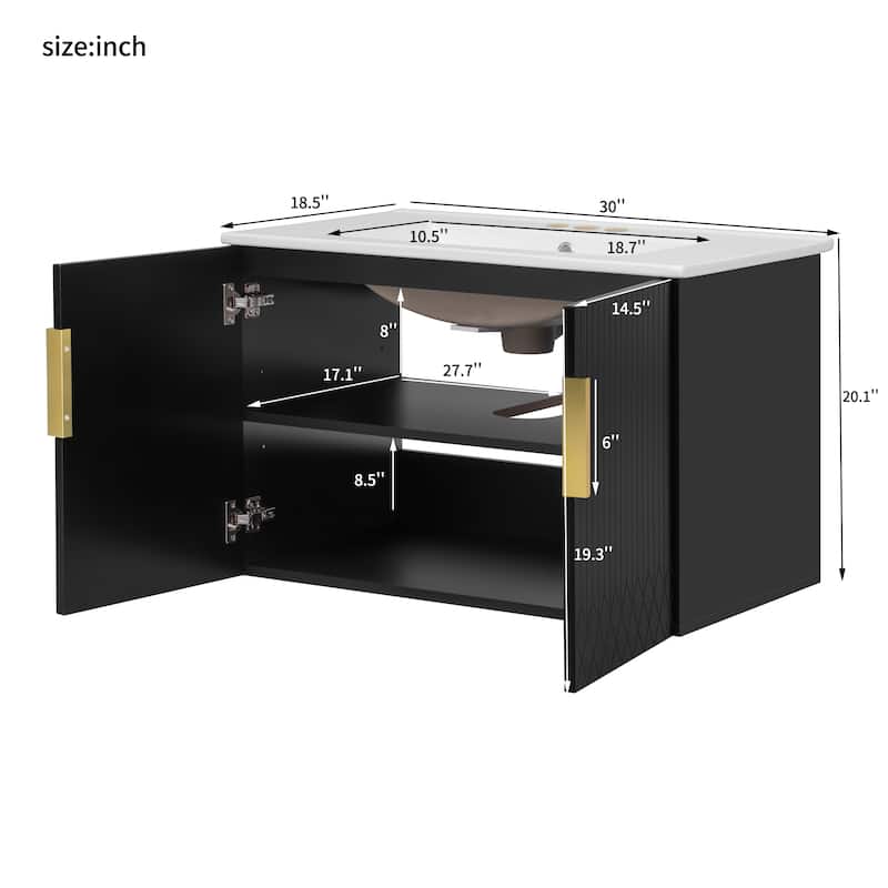 Wall Mounted Bathroom Vanity Floating Storage Cabinet with Ceramic Sink, Geometric Lines Dual Doors and Adjustable Shelf