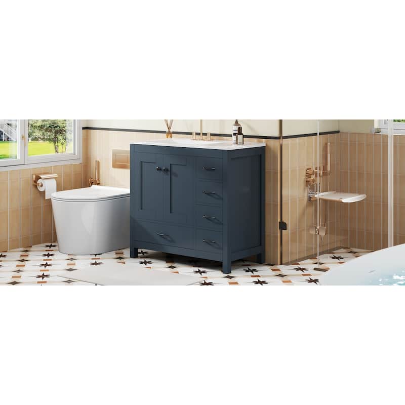 Bathroom Vanity with Sink, Freestanding Wooden Bathroom Cabinet, Storage Cabinet with 2 Soft-Close Doors & 5 Drawers