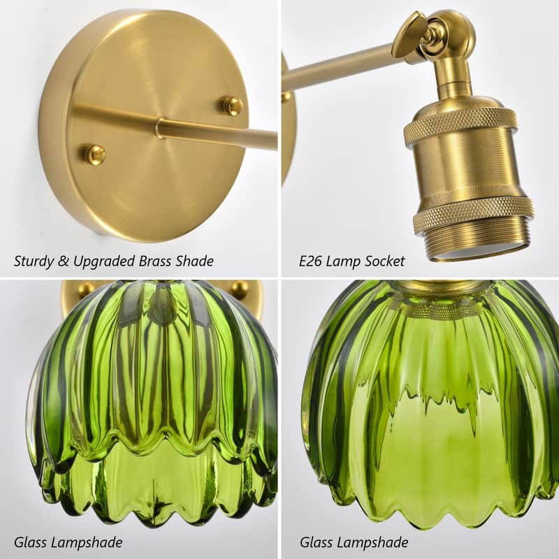 Adjustable Vintage Wall Sconce with Amber Tulip Glass Brass Fixture with Switch Ideal for Bedroom Hallway or Entry