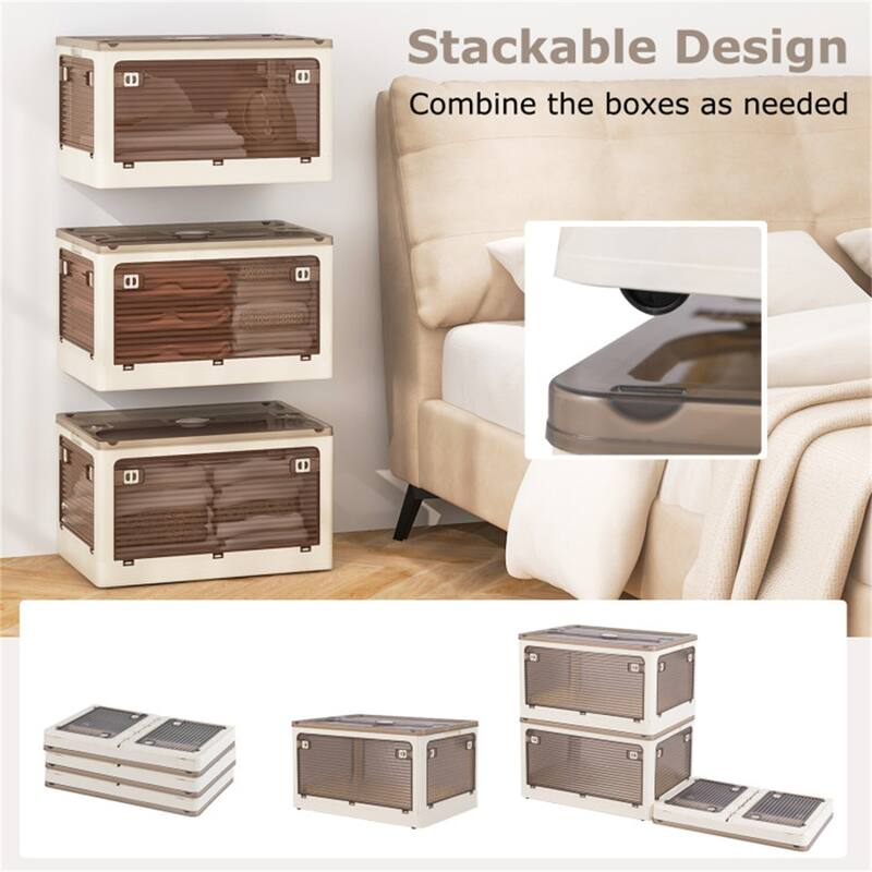 Cream White-Clear Brown Foldable Storage Bins 3-Pack with Wheels