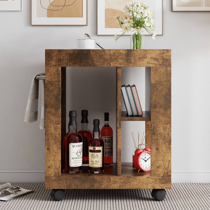 Kitchen Island Rubberwood Table Movable Storage Cabinet with Towel Rack, Multi-Layer Open Storage Locker with Shelves