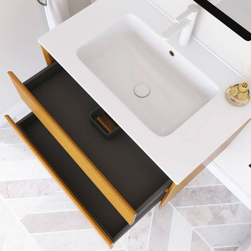 Wall-Mounted Bathroom Vanity with White Ceramic Sink