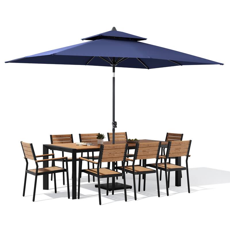 9/11-Piece Outdoor Patio Dining Set Aluminum Dining Table and Stackable Chairs w/10 ft Market Umbrella and Base