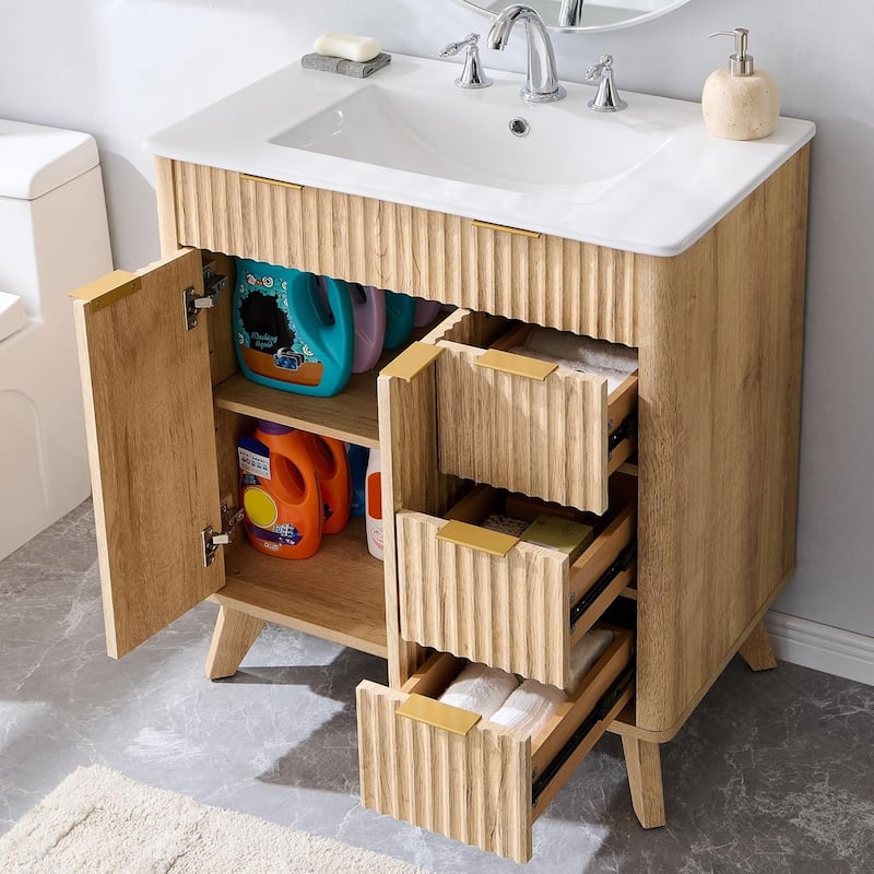Modern Fluted Bathroom Vanity with Sink, Bathroom Cabinet, Washstand