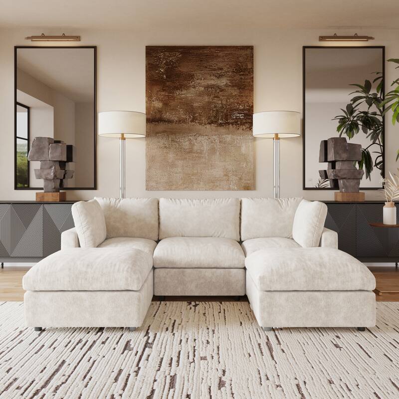 Cloud Couch Modular Sectional Sofa, 134" U Shaped Couch for Livingroom, Oversized Convertible Wide Seater with 2 Ottomans - 3 Seats+2 Ottoman Beige