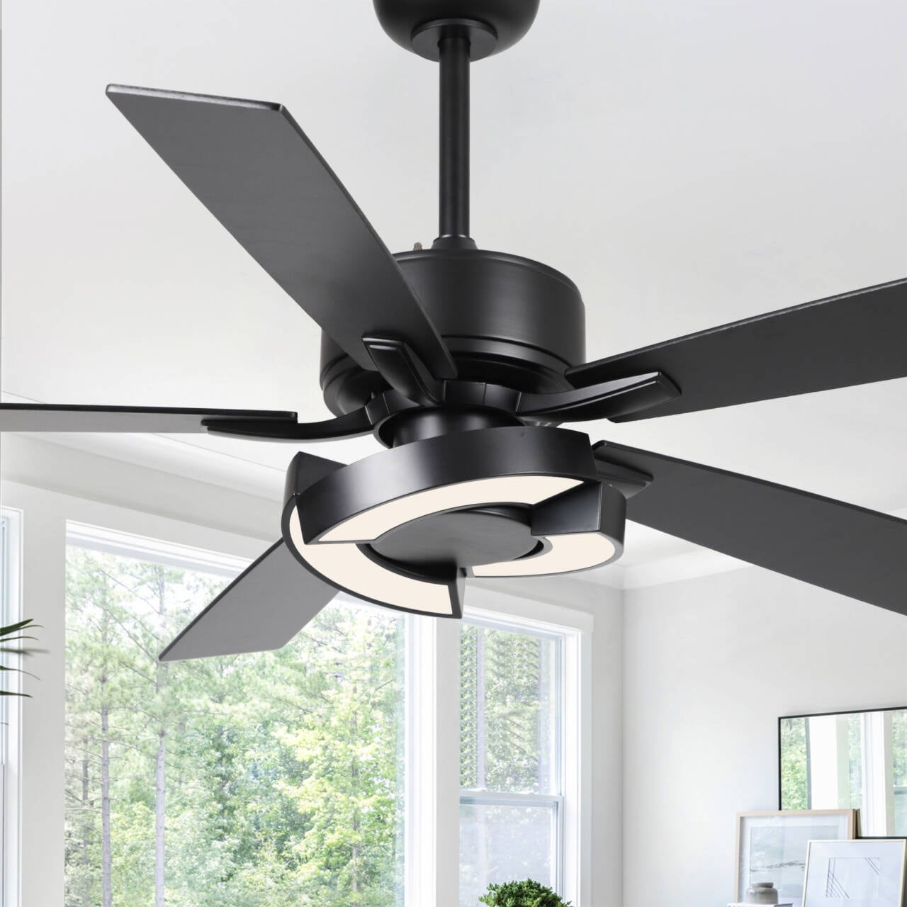 Parrot Uncle 52" Modern Black Wooden 5-Blade Dimmable Ceiling Fan with Light and Remote
