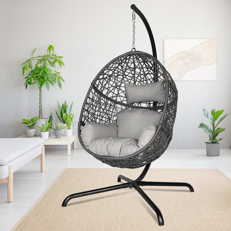 Oversized Outdoor Egg Chair with Stand, 450lbs Capacity Wicker Hanging Swing Chair, Extra Large Patio Lounge Chair with Cushions - Light Grey