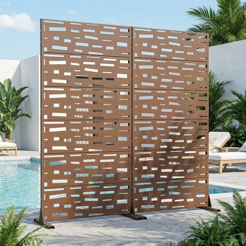 Outdoor Metal Privacy Screen Fence Panel Set of 2 - Brown - 72"x35"