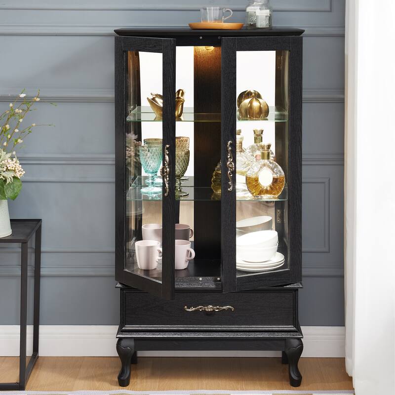 Lighted Curio Cabinet Glass Doors Adjustable Shelves 2 Door Wine Cabinet LED Black Drawer