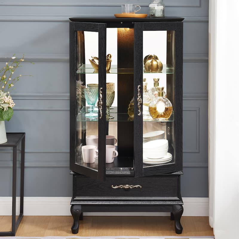 Lighted Curio Cabinet with Glass Doors and Adjustable Shelves 2 Door Wine Cabinet Display Curio Cabinet with LED Lights