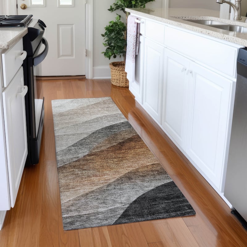 Machine Washable Indoor/ Outdoor Ombre Waves Chantille Rug - Khaki - 2'3" x 7'6"