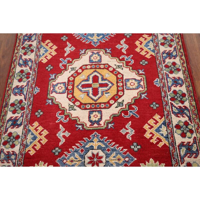 Red Geometric Kazak Pakistan Accent Rug Handmade Wool Carpet - 2'9" x 3'9"
