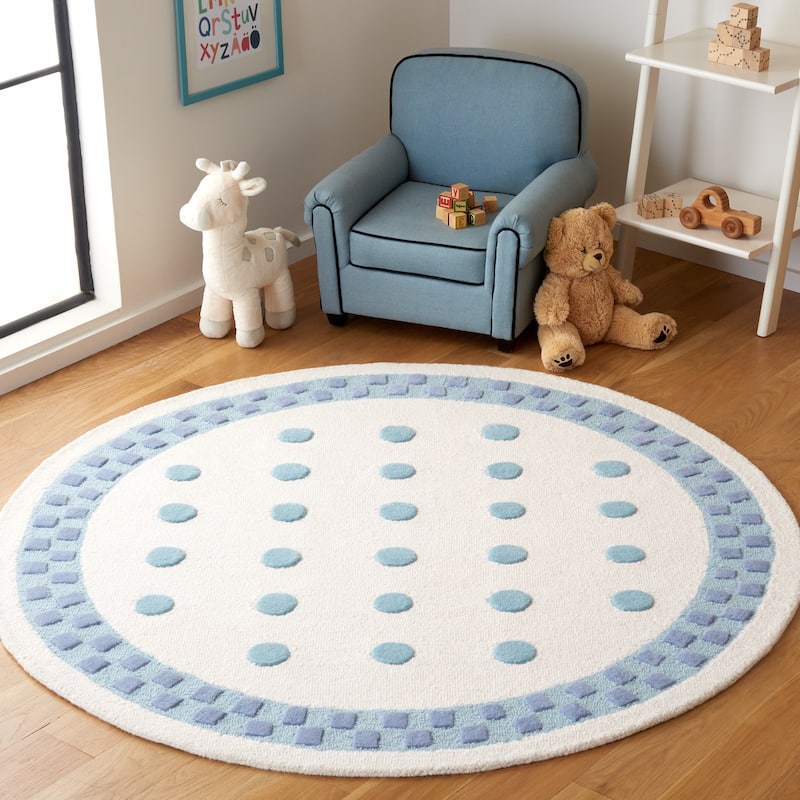 SAFAVIEH Handmade Kids Sonngard Dots Wool Rug - 5' Round - Ivory/Blue - Round