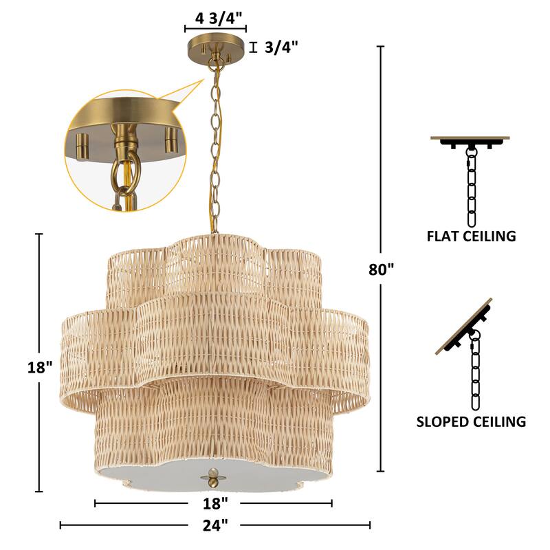 C Cattleya 6-Light Natural Rattan Chandelier with 3-Tier Hand Woven Flower-Shaped Shade - 24-inch