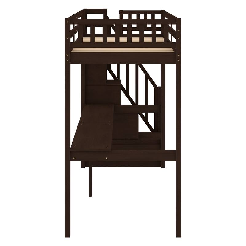 Twin Size Loft Bed with Storage Staircase and Built-in Desk, Space-Saving Solid Wood Twin Bed Frame with Full-Length Guardrail