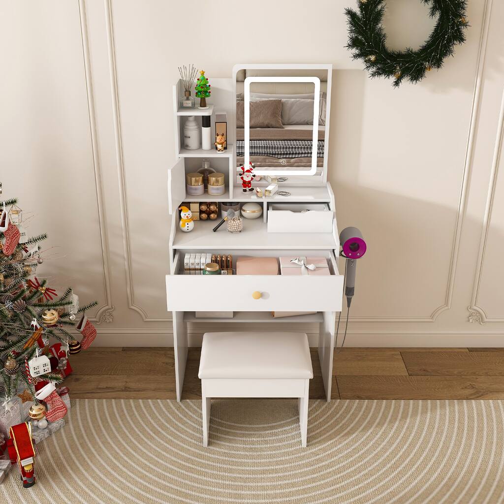 3-Color LED Vanity Mirror with Stool, Dressing Table , 2 Drawers & 5 Storage Cabinets (4 Open + 1 Hidden), Adjustable Lighting