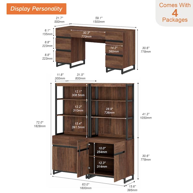 WAMPAT 59in Modern Executive Desk with Charging Station & Drawers and 2 PCS 72in Tall Bookcases with Storage Cabinet.