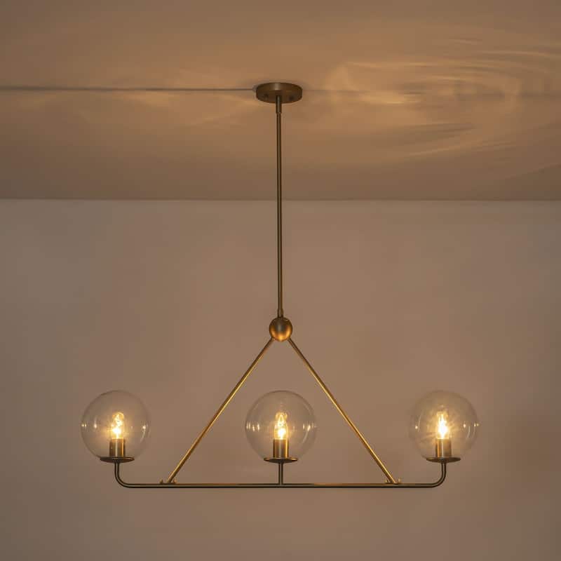 3-Light Modern Vintage Brushed Gold Linear Clear Glass Globe Bubble Pendant Light for Dining Room