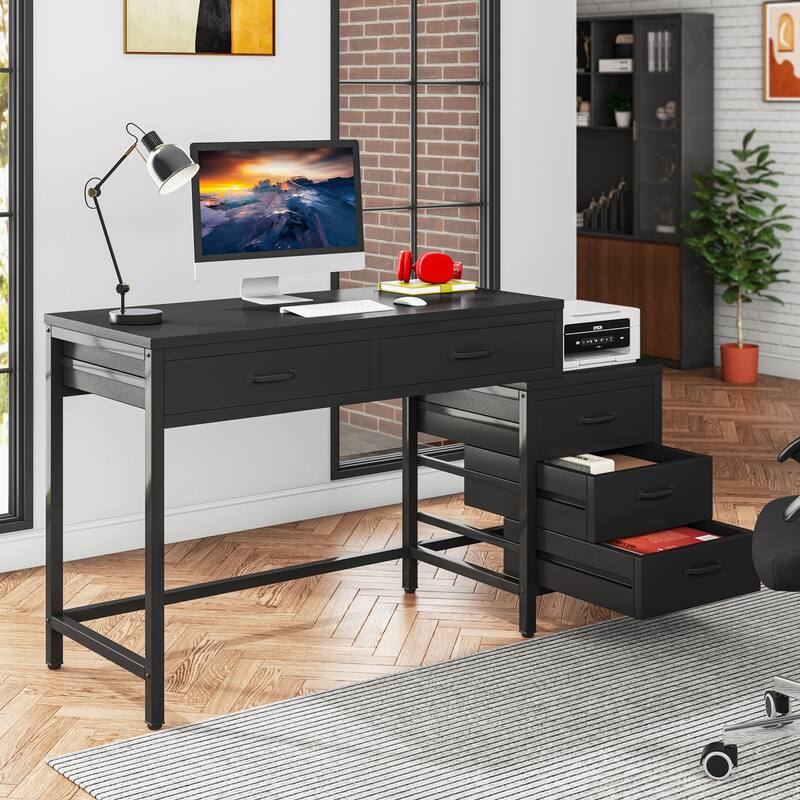 Modern Computer Desk with 5 Drawers, Home Office Desks with Reversible Drawer Cabinet Printer Stand