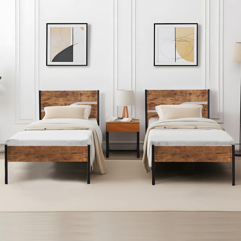VECELO 2 Pack Twin Size Kids Bed Industrial Platform Bed Frame with MDF Curved Cutout Headboard Twin Size Bed Set of 2 - Rustic Brown