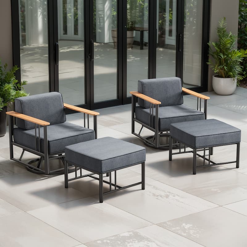 Puffin 4-Piece Metal Frame Outdoor Swivel Gliding Chairs with 6-Inch Cushions and Ottomans - Black - Dark Gray