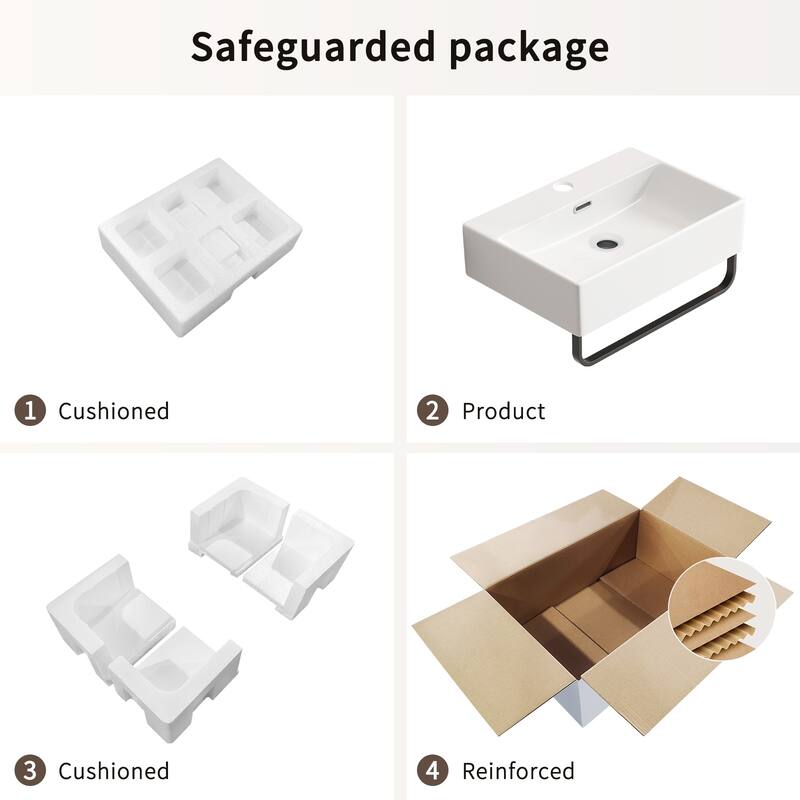 GDFStudio - Vale Modern Ceramic Wall Mounted Vessel Sink with Integrated Towel Bar and Faucet Hole