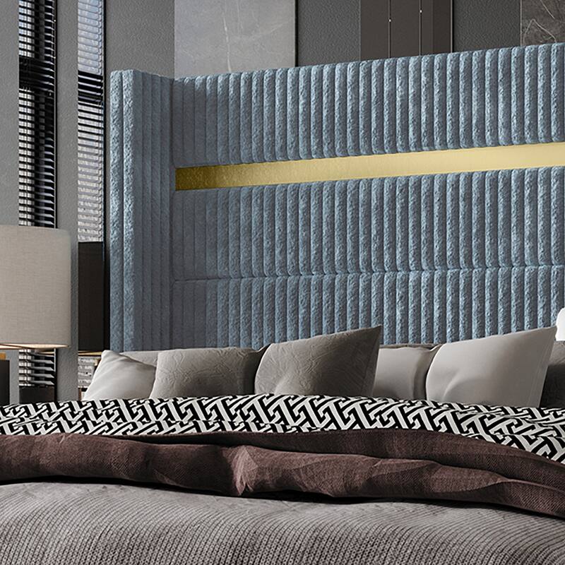CraftPorch Luxurious Gold PU Strip Wingback Velvet Upholstered Bed