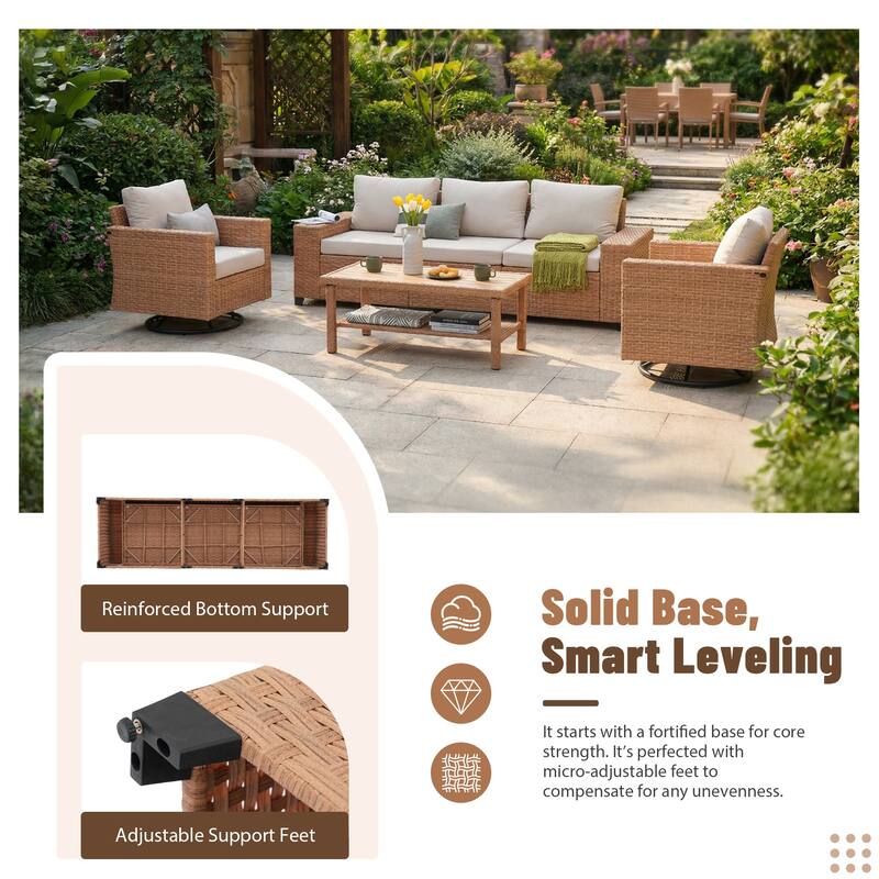 Outdoor Conversation Set 4-Piece with Swivel Chair and 3-Seater Sofa with Cushion and Coffee Table PE Wicker Rattan