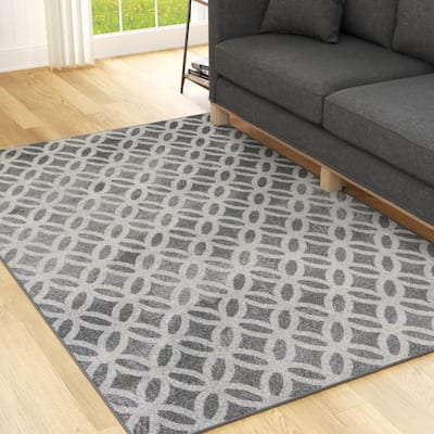 Brookside Classic Low Pile Circular Diamond Pattern Rug, Gray