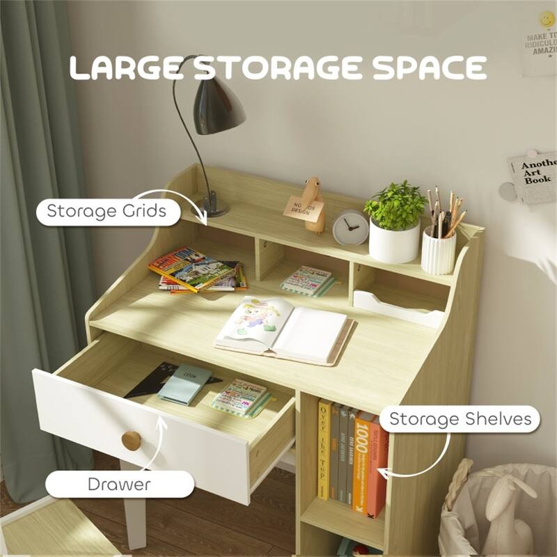 Kids Desk and Chair Set with Storage Shelves and Drawer MDF White and Natural Wood for Study and Art Projects Ages 3 to 10