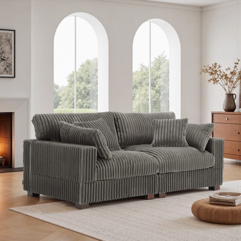 Modern Plush Corduroy Loveseat Sofa Couch with Pillows - Light Grey