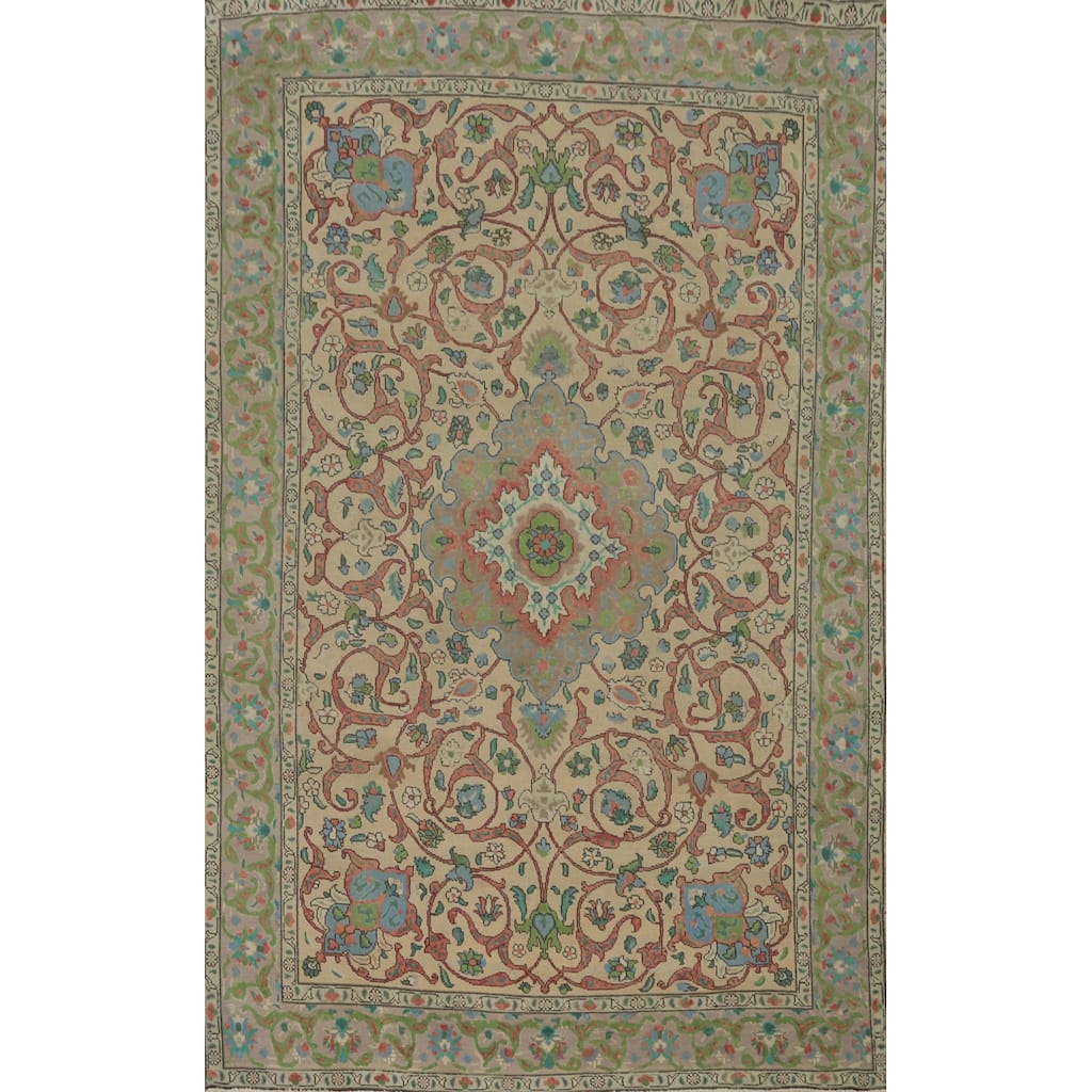 Hand Knotted Oriental 100% Wool Carpet Traditional Floral Beige & Ivories Tabriz Area Rug - 10' 0'' X 6' 5''
