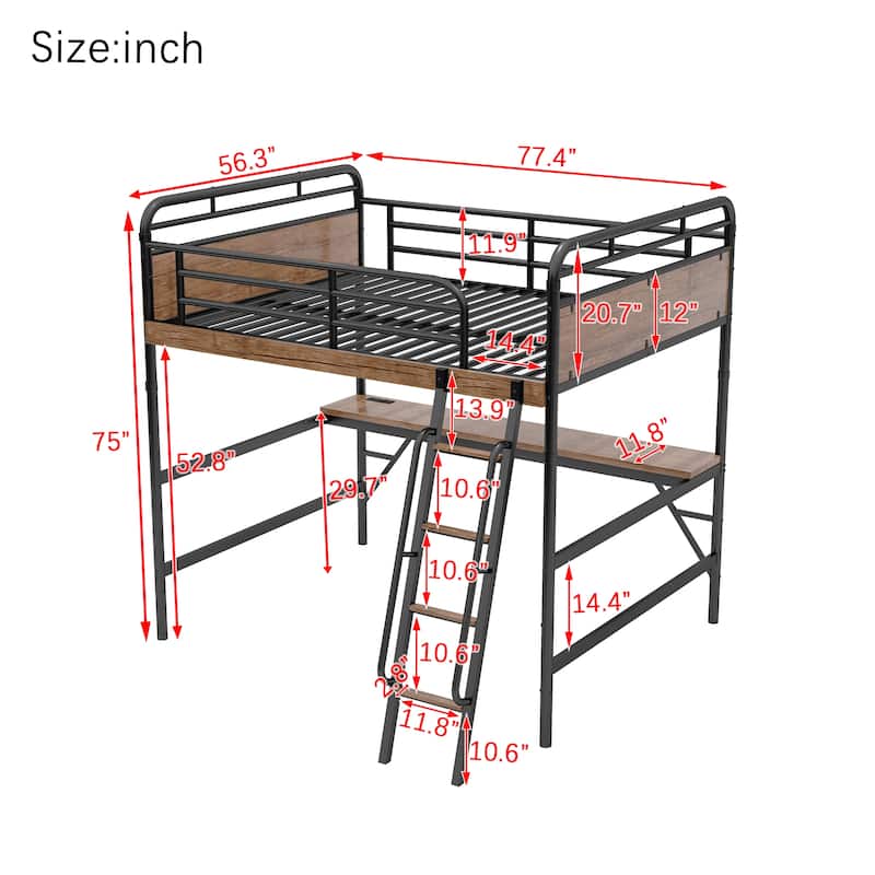 Full Size Metal Loft Bed with Desk, LED Light, and Charge Station, Black