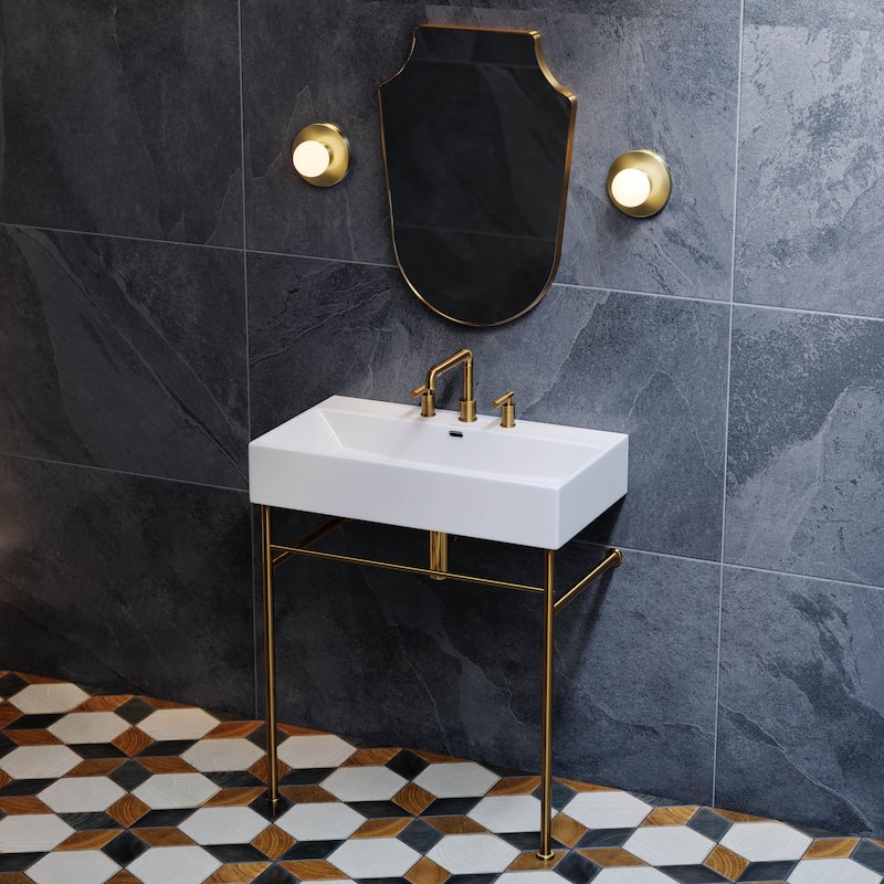 Claire 30" Console Sink White Basin Brushed Gold Legs With 8" Widespread Holes - 30" x 16" x 35"