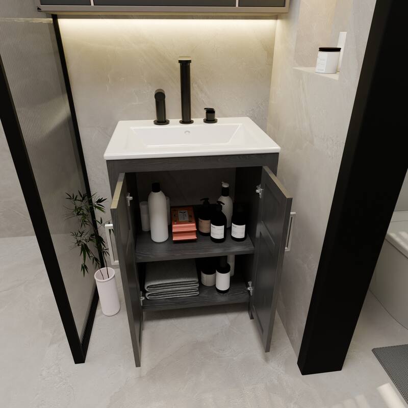 24" Black Bathroom Vanity Cabinet with White Ceramic Sink