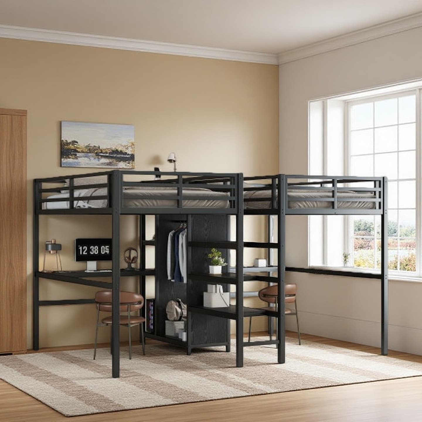 Twin over Twin Metal Loft Bed with Double Desk, Wardrobe, and Shelves, Built-In Electrical Outlets, Space-Saving Design