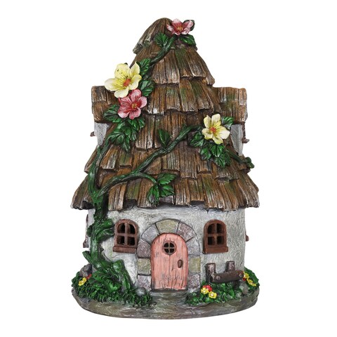 Exhart Solar Wood Shingle Roof Fairy House Garden Statue, 10 by 15 Inches