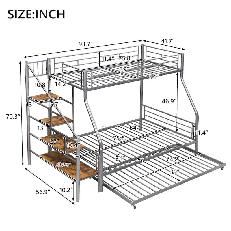 Twin over Full Size Metal Bunk Bed with Trundle and Storage Staircase, Silver