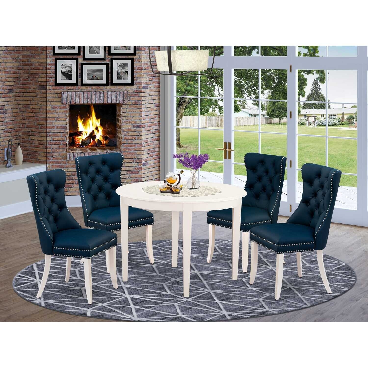 5-Piece Linen White Solid Wood Top - Round Dining Room Set - Seats 4