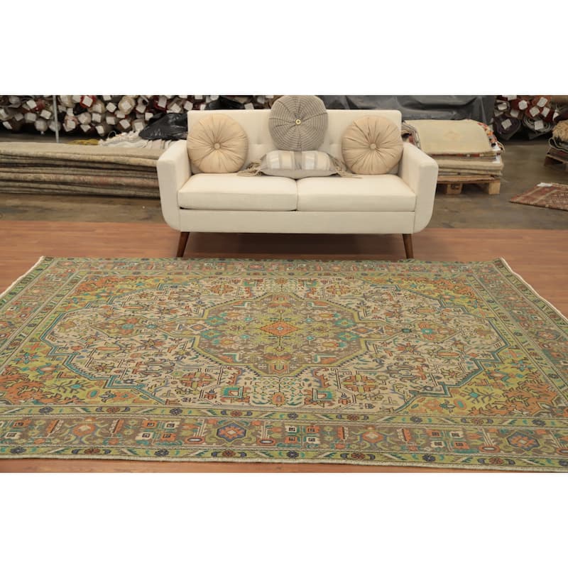 Hand Knotted Oriental 100% Wool Carpet Traditional Floral Beige & Ivories Tabriz Area Rug - 9' 4'' X 6' 4''