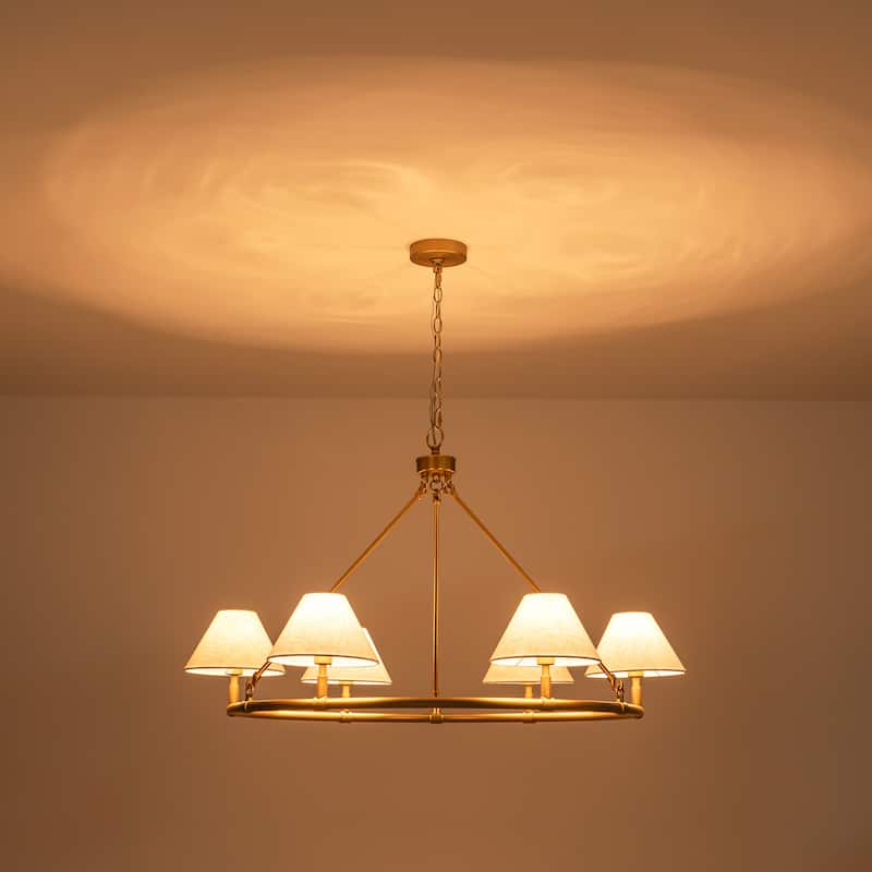 6-Light Modern Farmhouse Fabric Gold Wagon Wheel Chandelier for Dining Room - 39.3 in. W x 25.2 in. H