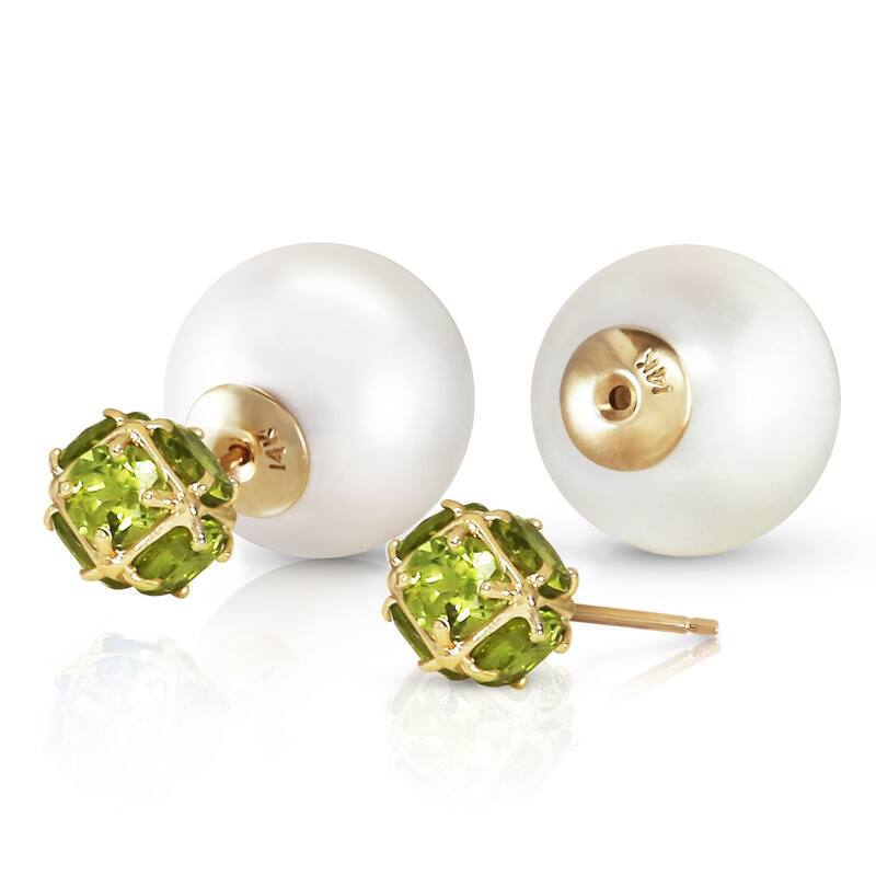 14K Solid Gold Tribal Double Shell Pearls And Peridots Stud Earrings