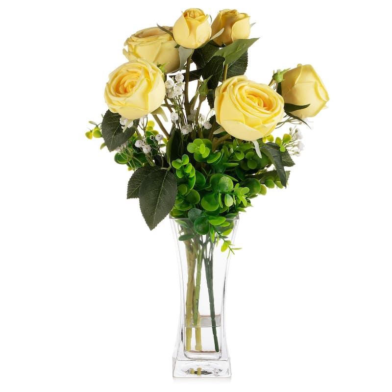 Mixed Artificial Rose Floral Arrangements in Vase Table Centerpieces for Dining Room Decoration - Yellow