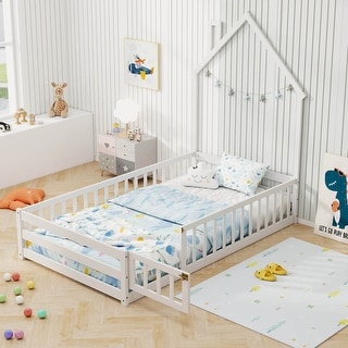 Costway Twin Size Montessori Floor Bed for Toddler with Lockable Door