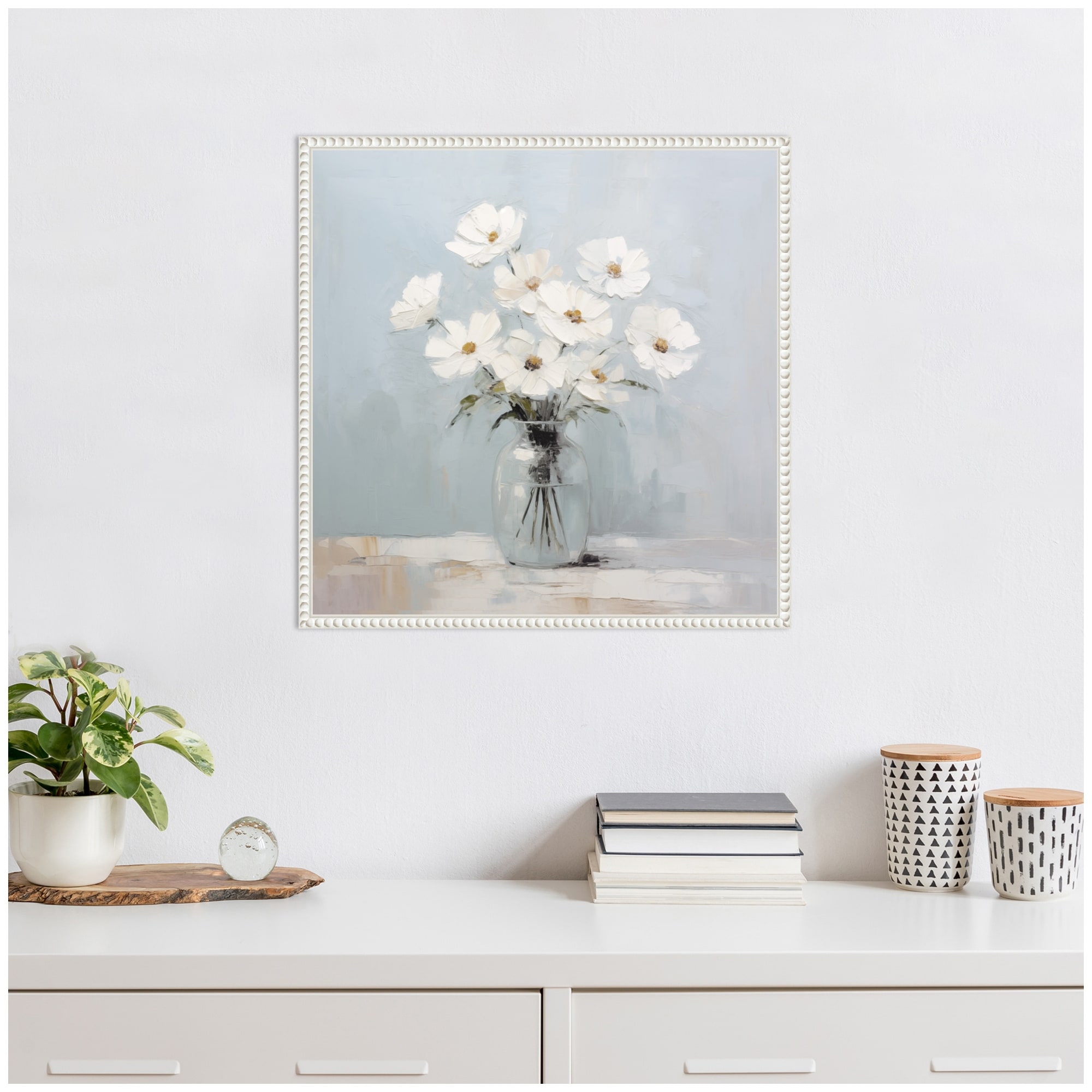 Kate and Laurel Sylvie White Daisies in a Jar on French Cottage Blue Framed Canvas by The Creative Bunch Studio