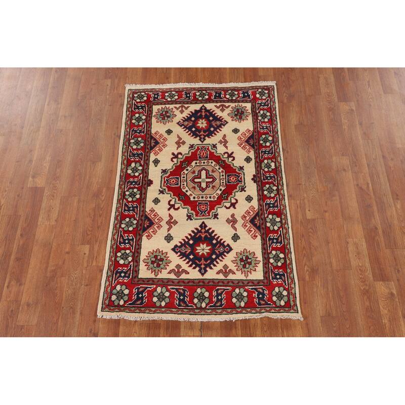 Beige Geometric Kazak Foyer Rug Hand-Knotted Wool Carpet - 2'9" x 4'1"