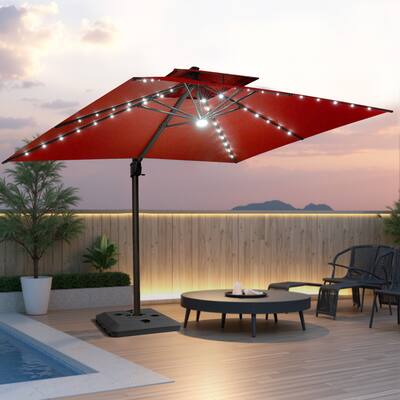 Pellebant 10x13 FT Outdoor Patio Double Top Cantilever Umbrella Solar LED Lighted with 4 Piece Square Offset Umbrella Base