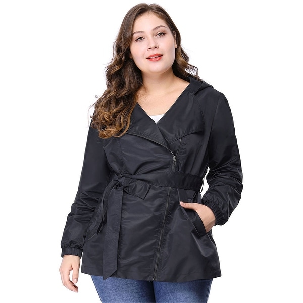 Women's Plus Size Zip Closure Hooded Belted Trench Jacket - Blue