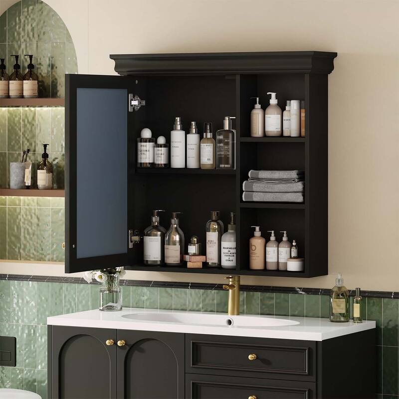 30'' x 28'' Wall-Mounted Bathroom Medicine Cabinet with Mirror,Durable Storage Organizer for Small Spaces - Black